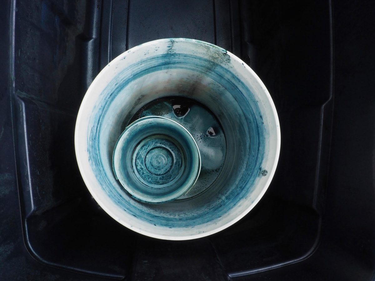 Buckets stained with indigo dye