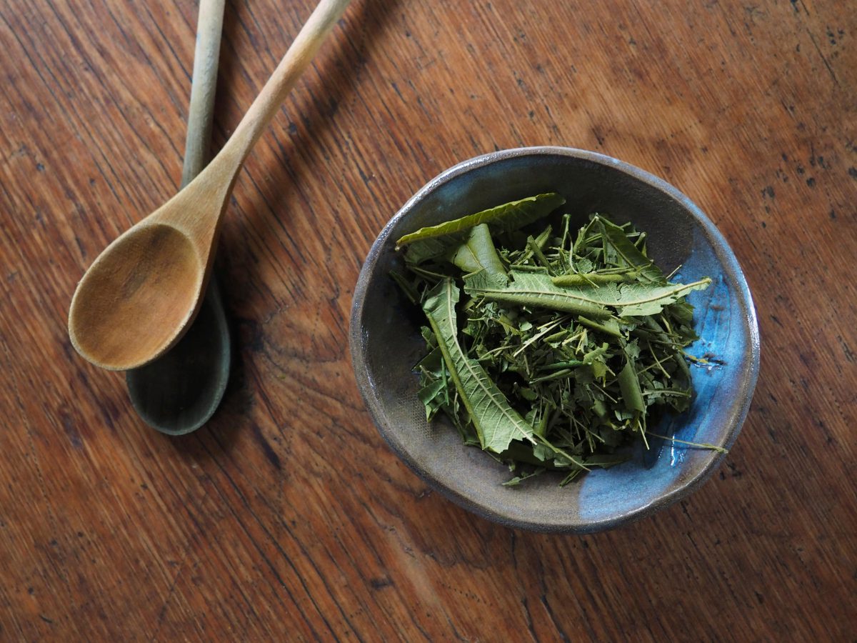 Dried Sumac leaves in a bowl. Sumac is a natural dye and tannin.